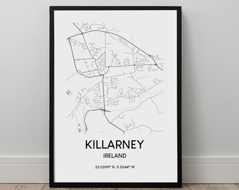 Killarney Map Print Black and White Killarney Town Map Poster Killarney Ireland Travel Print Killarney Minimalist Killarney Wall Art Gift