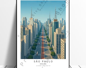 São Paulo Wall Poster Illustration Art Print Brazil Wall Décor Colourful Urban Artwork Cityscape Wall Print Gift