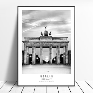 Berlin Germany Travel Print Black and White City Poster Brandenburg Gate Print Coordinates Landmark Minimalist Wall Art Décor Holidays Gift