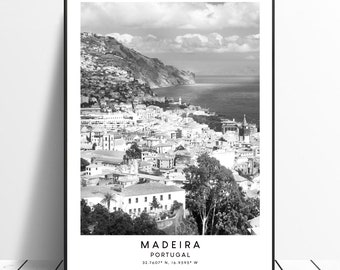 Resetavla på Madeira, svartvitt Madeira-avtryck, Madeira-affisch, minimalistisk Madeira-väggkonst, Madeira-affisch, Madeira-presentavtryck