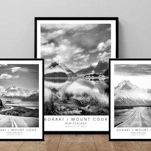 Aoraki Mount Cook Travel Print Aoraki Mount Cook Wall Art Black and White Aoraki Mount Cook Zealand Poster Aoraki Mount Cook Art Print