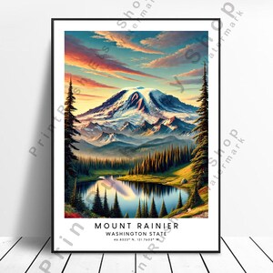 Impresión artística de la ilustración del monte Rainier Póster del estado de Washington Impresión del monte Rainier Decoración paisajística Póster del monte Rainier Obra de arte del monte Rainier