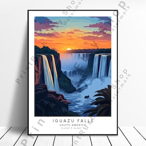 Iguazu Falls Illustration Iguazu Falls Sunset Poster Waterfall Wall Art South America Travel Print Iguazu Art Print Home Décor Wall Hanging