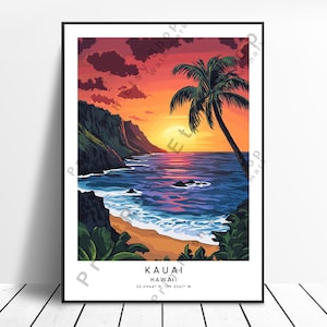 Impression de voyage Kauai, affiche de Kauai, tenture murale, art mural de Kauai, impression colorée de Kauai, décoration d&#39;intérieur, illustration, art hawaïen, cadeau de l&#39;île-jardin