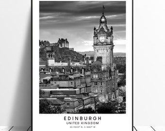 May include: Black and white photograph of Edinburgh, Scotland, featuring a clock tower and the city skyline. The text "EDINBURGH, UNITED KINGDOM, 55.9533° N, 3.1883° W" is printed below the image.