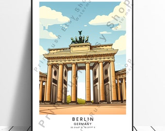 May include: A colorful illustration of the Brandenburg Gate in Berlin, Germany. The gate is a large, yellow archway with five arches and a statue on top. The sky is blue with white clouds. The text "BERLIN GERMANY 52.5163° N, 13.3777° E" is below the gate.