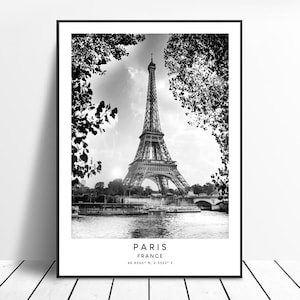 Paris Travel Print Paris City Wall Art Print Black and White Paris Coordinates Poster Minimalist Paris Poster Paris Gift Print