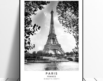 Paris Travel Print Paris City Wall Art Print Black and White Paris Coordinates Poster Minimalist Paris Poster Paris Gift Print
