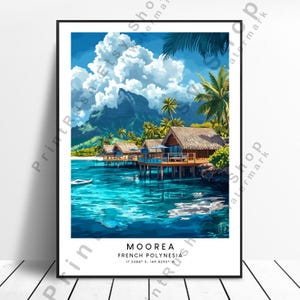 Impresión artística de ilustración de Moorea, Polinesia Francesa, Obra de arte de Moorea, Decoración del hogar, Póster de Moorea, Impresión de viaje de Moorea, Arte de la isla oceánica de Moorea
