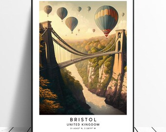 May include: A framed art print featuring the Clifton Suspension Bridge in Bristol, UK, with hot air balloons in the sky. The artwork depicts the bridge spanning a river, surrounded by lush green trees and cliffs. The print includes the text "BRISTOL UNITED KINGDOM".