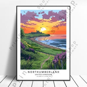Northumberland United Kingdom Print Northumberland Illustration Britische Küste Kunst Northumberland Poster Küstenlinie Dekor Wandbehang
