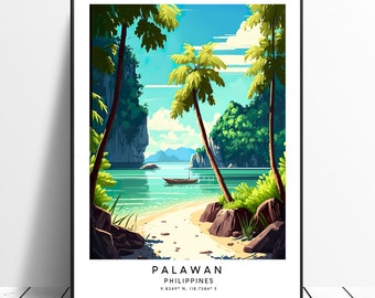 Può includere: Un'illustrazione colorata di una scena di isola tropicale con palme, acqua turchese e una piccola barca. Il testo "PALAWAN PHILIPPINES 9.8349° N, 118.7384° E" è in basso nell'immagine.