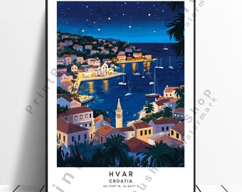 Hvar Croatia Travel Poster Coastal Wall Art Print Hvar Mediterranean Decor Adriatic Sea Coastal Illustration Vintage Poster Hvar Print Gift