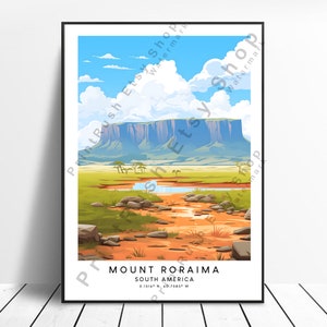 Può includere: Un'illustrazione colorata del Monte Roraima, una montagna a cima piatta in Sud America. La montagna è raffigurata in uno stile cartone animato con un cielo blu e erba verde. Il testo "MOUNT RORAIMA" e "SOUTH AMERICA" è visualizzato sotto la montagna.
