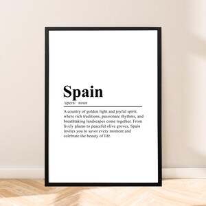 May include: Black and white printable wall art with the word "Spain" defined as a country of golden light and joyful spirit, where rich traditions, passionate rhythms, and breathtaking landscapes come together. From lively plazas to peaceful olive groves, Spain invites you to savour every moment and celebrate the beauty of life.