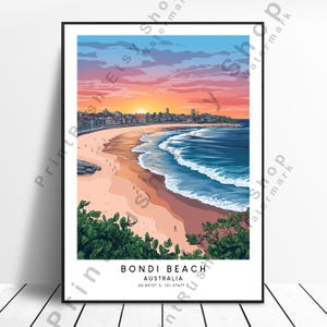 Bondi Beach Wall Art Australien Reiseplakat Küstenozean Sonnenaufgang Druck für Strandhaus oder Urlaubsdekor