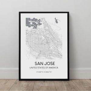 San Jose Mappa Stampa San Jose Mappa Wall Art Poster San Jose California Travel Print Bianco e nero San Jose City Regalo di arredamento murale minimalista
