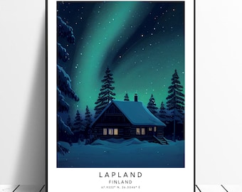 May include: A cabin with lit windows sits in a snowy forest under a vibrant green aurora borealis. The sky is dark blue with white stars. The text "LAPLAND FINLAND 67.9222° N, 26.5046° E" is at the bottom of the image.