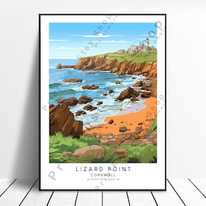 May include: A colorful illustration of Lizard Point in Cornwall, England. The image shows a rocky coastline with a lighthouse in the distance. The text "Lizard Point, Cornwall, 49.9593 N, 5.2065 W" is at the bottom of the image.