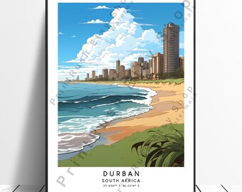 May include: A colourful illustration of the Durban skyline with a beach and ocean in the foreground. The text "DURBAN" is at the bottom of the image, along with "SOUTH AFRICA" and the coordinates "29.8587° S 31.0218° E".