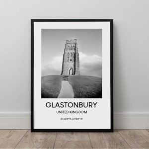 Glastonbury Travel Print Black and White Glastonbury Poster Glastonbury Town Coordinates Print Minimalist Glastonbury Tor Wall Art Décor