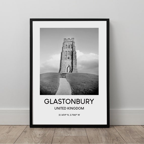Glastonbury Travel Print Black and White Glastonbury Poster Glastonbury Town Coordinates Print Minimalist Glastonbury Tor Wall Art Décor