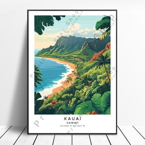 Affiche de voyage de Kauai, tenture murale, art mural de Kauai, impression colorée de Kauai, décoration d&#39;intérieur, illustration, art de l&#39;affiche de Kauai, Hawaii, cadeau de l&#39;île aux jardins