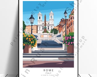 Rome Italy Travel Print Illustration Art Spanish Steps Poster Minimalist Rome Wall Art Rome Gift Print Colourful Home Décor