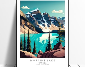 May include: A colourful illustration of Moraine Lake in Banff National Park, Canada. The lake is a vibrant turquoise blue, surrounded by snow-capped mountains and lush green trees. The text "Moraine Lake, Canada, 51.2327° N, 116.1860° W" is at the bottom of the image.