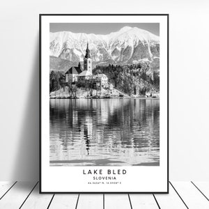 Slovenia Travel Print Black and White Slovenia Poster Minimalist Slovenia Wall Art Lake Bled Print Lake Bled Wall Print Lake Bled Gift Print