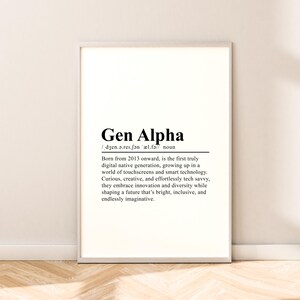 May include: A black and white printable poster with the definition of Gen Alpha. The definition states that Gen Alpha is the first truly digital native generation, born from 2013 onward. They are described as curious, creative, and tech savvy, shaping a future that's bright, inclusive, and endlessly imaginative.