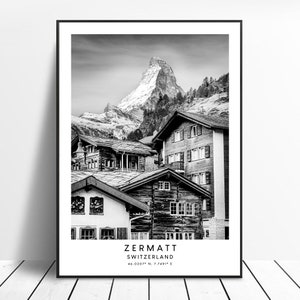 Zermatt Switzerland Travel Print Black and White Matterhorn Poster Zermatt Print Minimalist Matterhorn Wall Art Zermatt Gift Print