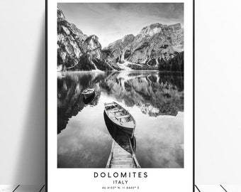 Dolomites Art Print Prags noir et blanc Dolomites affiche Dolomites voyage impression minimaliste Dolomites Italie Wall Art Dolomites cadeau Art