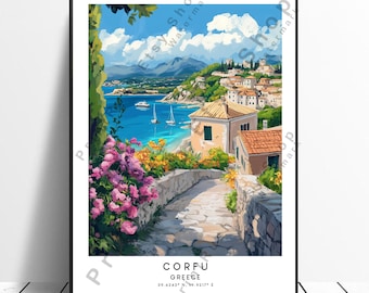 May include: A colorful illustration of a stone pathway leading up to a small village in Corfu, Greece. The path is lined with lush greenery and pink flowers. The village is nestled on a hillside overlooking a blue bay with boats.