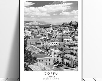 May include: A black and white photograph of the city of Corfu, Greece. The photo shows a cityscape with many buildings and a body of water in the distance. The text "CORFU GREECE 39.6243° N, 19.0217° E" is at the bottom of the photo.