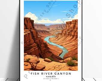Può includere: Un'illustrazione colorata del Fish River Canyon in Namibia. Il canyon è una profonda e stretta gola con un fiume sinuoso sul fondo. Le pareti del canyon sono di colore marrone rossiccio e il fiume è di un blu brillante. Il cielo è di un azzurro chiaro con nuvole bianche.