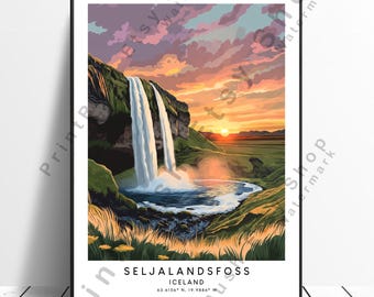 Seljalandsfoss Iceland Print Seljalandsfoss Waterfall illustration Iceland Travel Poster Home Décor Seljalandsfoss Wall Poster Gift Art