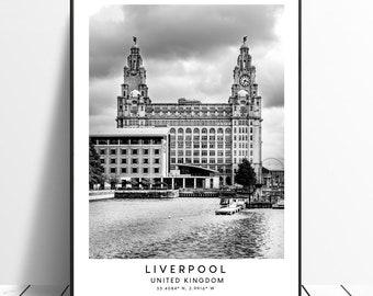 Liverpool Travel Print Liverpool City Wall Art Print Black and White Liverpool Coordinates Poster Minimalist Liverpool Poster Gift Print