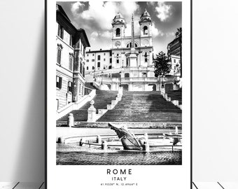 Rome Italy Travel Print Black and White Rome City Poster Spanish Steps Print Coordinates Minimalist Rome Wall Art Décor Rome Gift Print