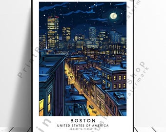 Boston Travel Print Modern Wall Art Boston Skyline Art Boston Poster Illustration Home Décor Boston Wall Print Gift Wall Hanging