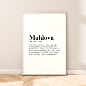 May include: A black and white printable art print featuring the word "Moldova" in a large font, followed by a definition describing it as a quiet treasure with rolling vineyards, heartfelt traditions, and lasting beauty.