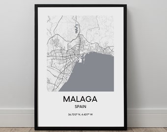 Malaga City Map Print Malaga Spain Map Malaga Wall Art Poster Malaga Travel Print Black and White Minimalist Wall Décor Gift Print