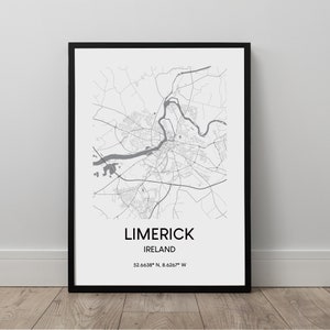 Impressão de mapa de Limerick Mapa da cidade de Limerick Pôster de arte de parede Limerick República da Irlanda Impressão de viagem Preto e branco Decoração de parede minimalista presente