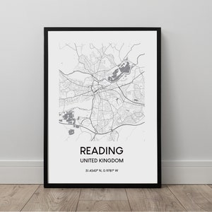 Impression de carte de lecture Lecture de carte de ville, affiche d'art mural, art déco de lecture Lecture Impression de voyage minimaliste Cadeau