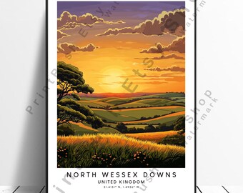 North Wessex Downs Illustration Art English Countryside View Poster North Wessex Downs Landscape Print Rolling Hills of England Art Gift