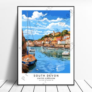 Impression de voyage du sud du Devon, affiche colorée du Devon, impression abstraite du Devon, art mural minimaliste du sud du Devon, décoration d&#39;intérieur du Devon, cadeau