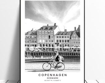 Copenhagen Denmark Travel Print Copenhagen Wall Art Black and White Nyhavn Port Print Coordinates Minimalist Copenhagen City Poster Gift