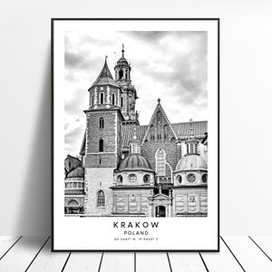 Cracovie Pologne Voyage Imprimer Mur Art Décor Cracovie Ville Imprimer Noir et Blanc Cracovie Affiche Landmark Coordonnées Poster Cadeau