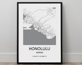 Honolulu Map Print Honolulu City Map Poster Honolulu Hawaii Wall Art Décor Honolulu  Minimalist Travel Print Gift