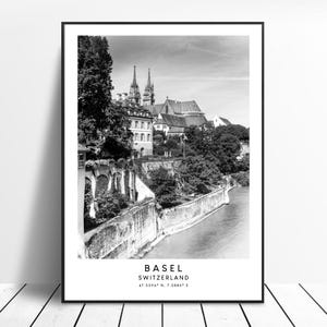 Basel Reise-Druck schwarz weiß Basel Schweiz Poster Wahrzeichen Minimalist Basel Stadtbild Wand Kunst Poster Urlaub Geschenk